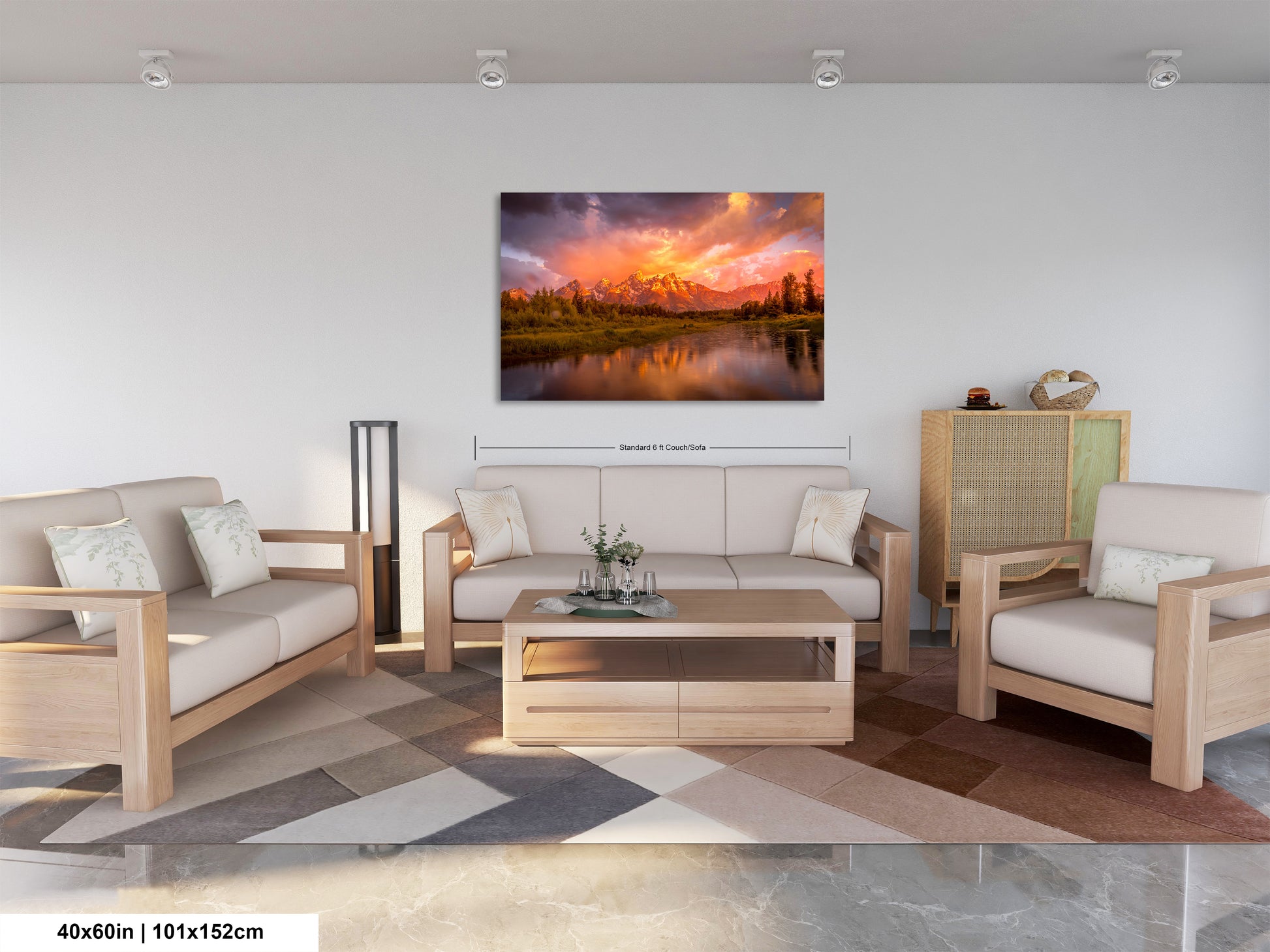 a living room filled with furniture and a painting on the wall