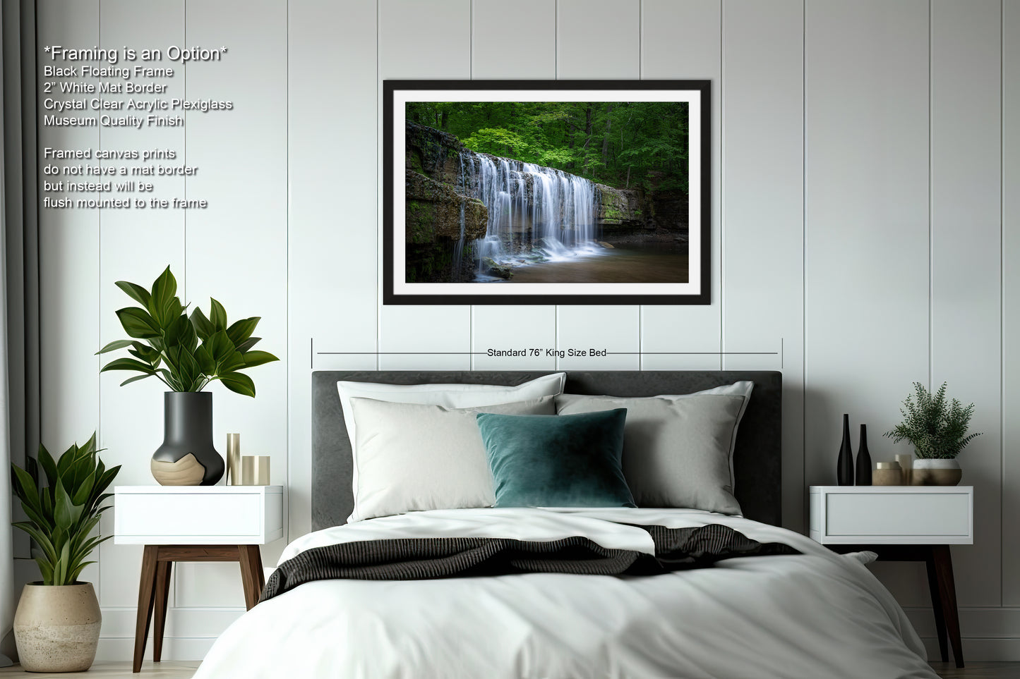 a bedroom with a bed and a picture of a waterfall