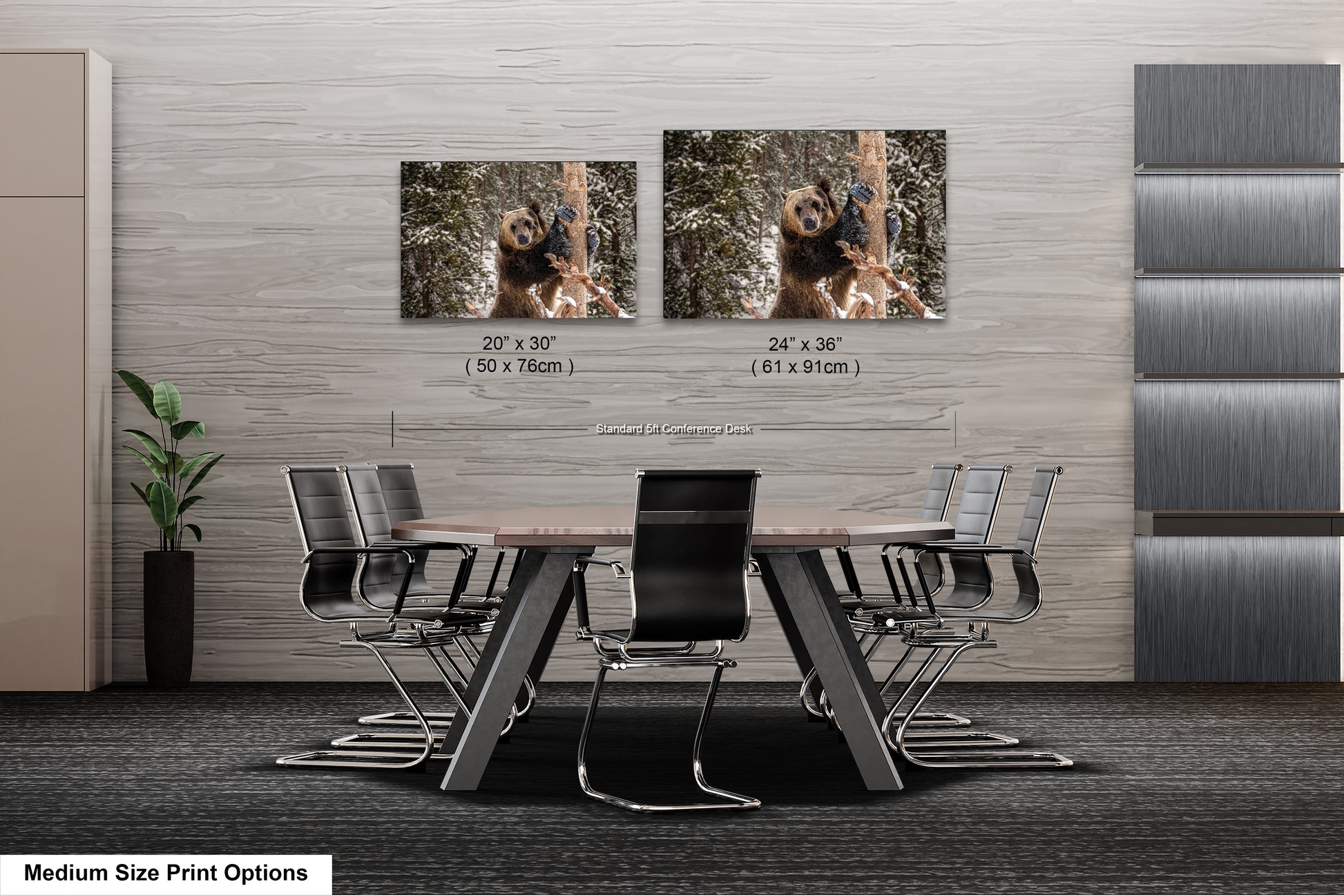 a dining room table with chairs and two pictures on the wall