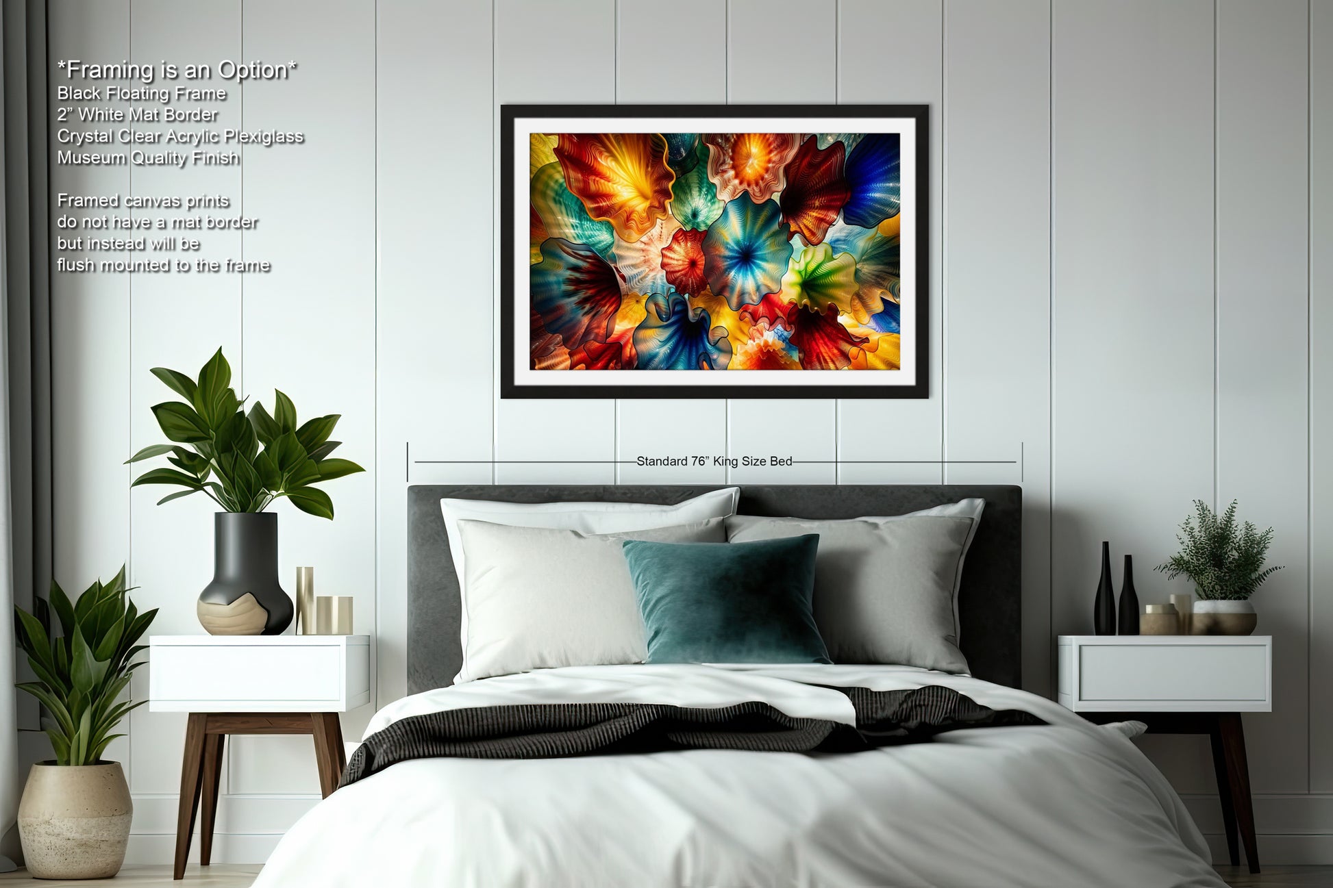 a modern bedroom with a large bed, white nightstands, and a framed abstract painting hanging above the bed.