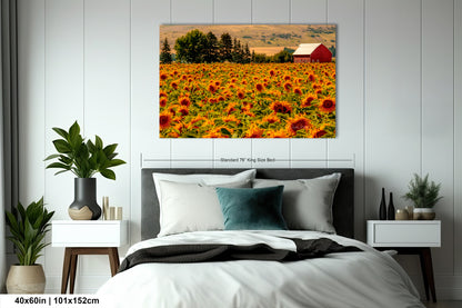 a bed room with a neatly made bed and a painting on the wall