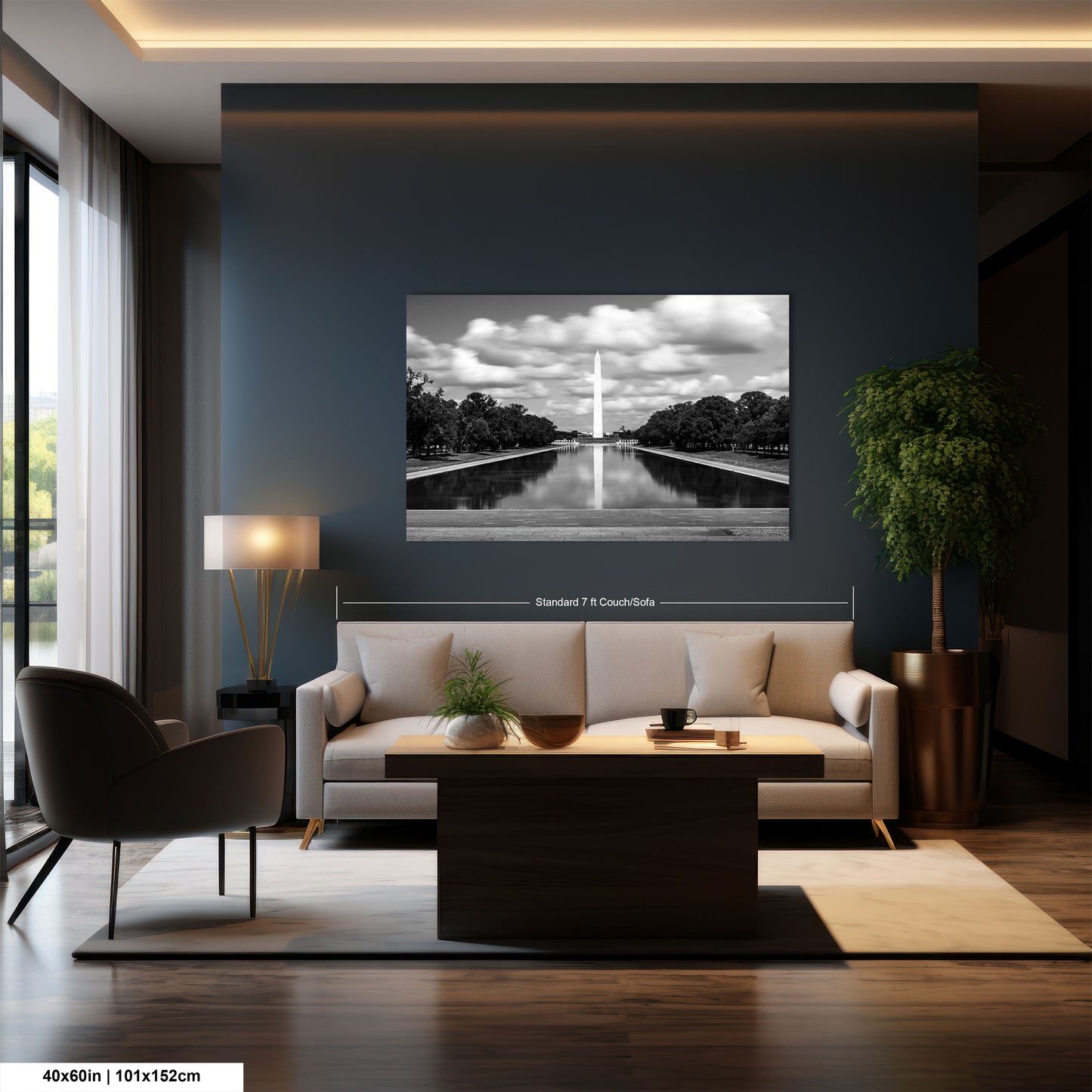 a living room with a large picture on the wall