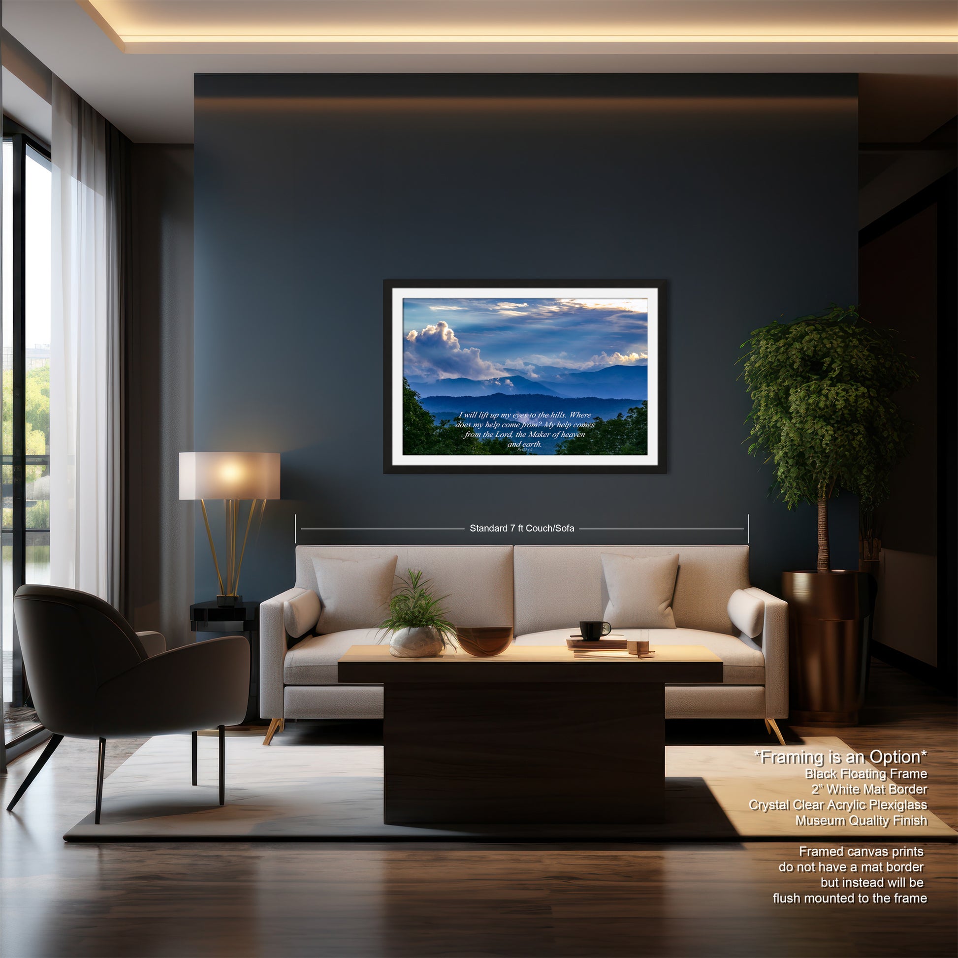 a living room with a couch and a table