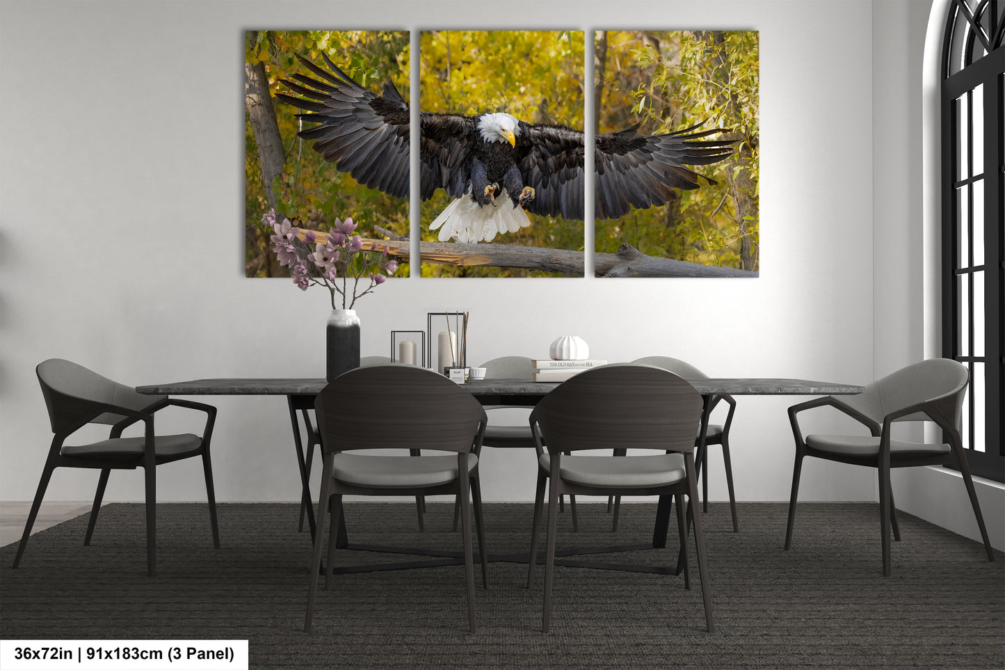 a table with four chairs and a large eagle on it