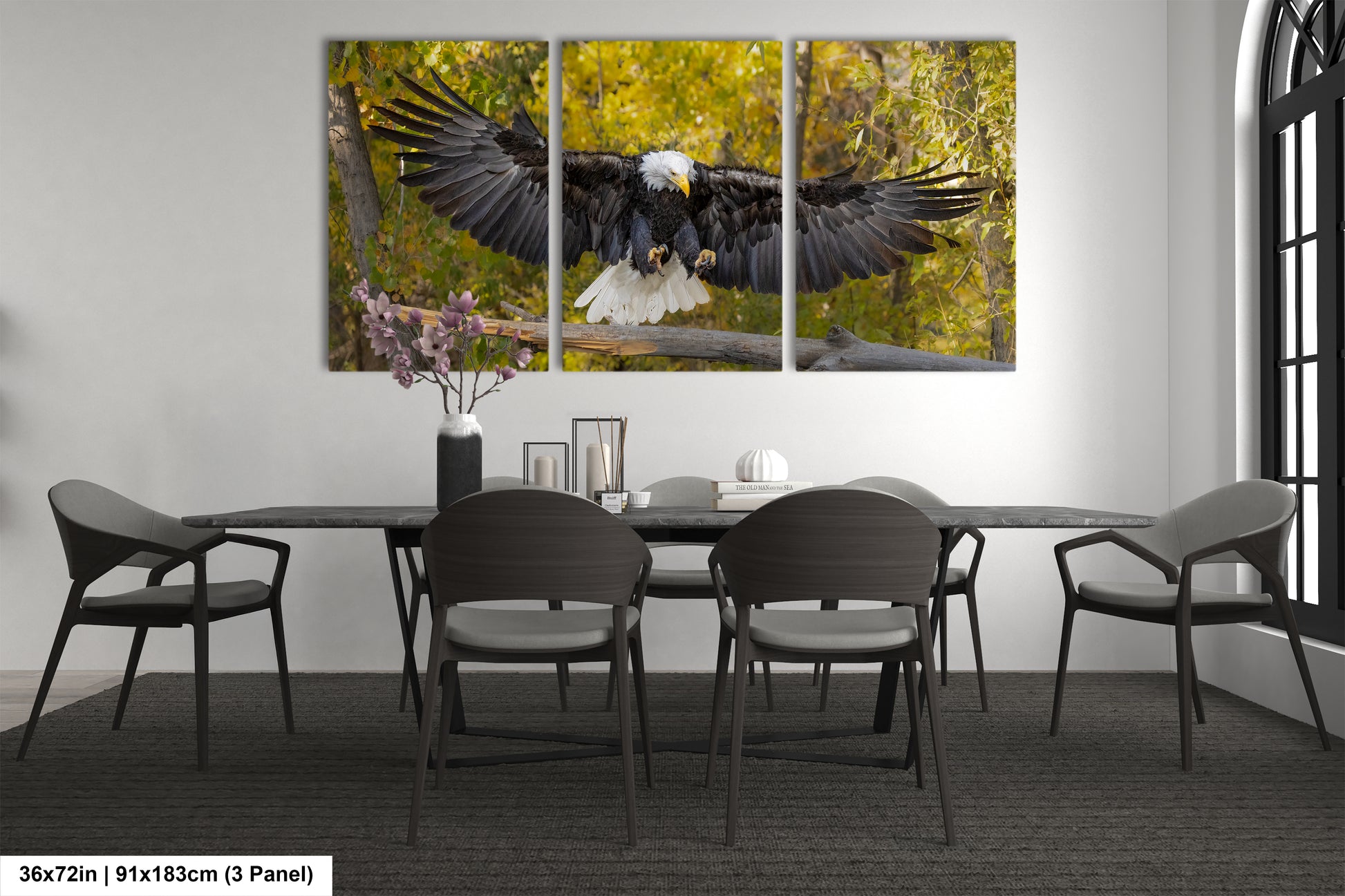 a table with four chairs and a large eagle on it