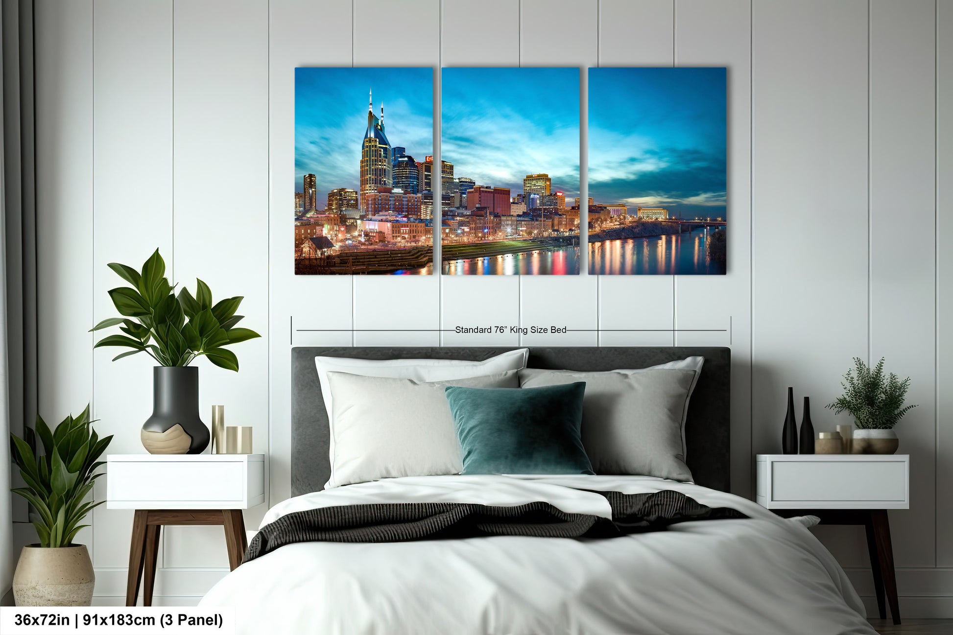 a bedroom with a bed and a painting on the wall