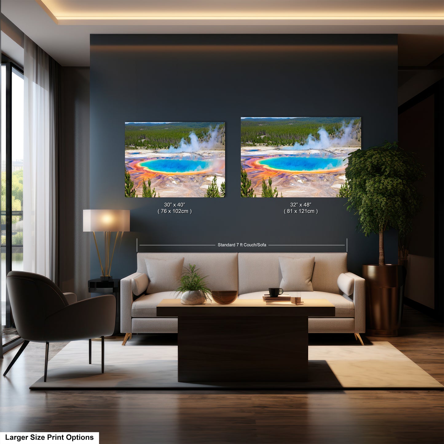 a living room filled with furniture and a painting on the wall
