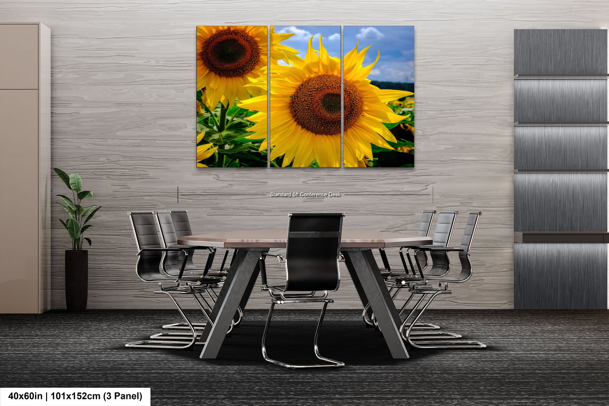 three sunflowers in a field with a blue sky in the background