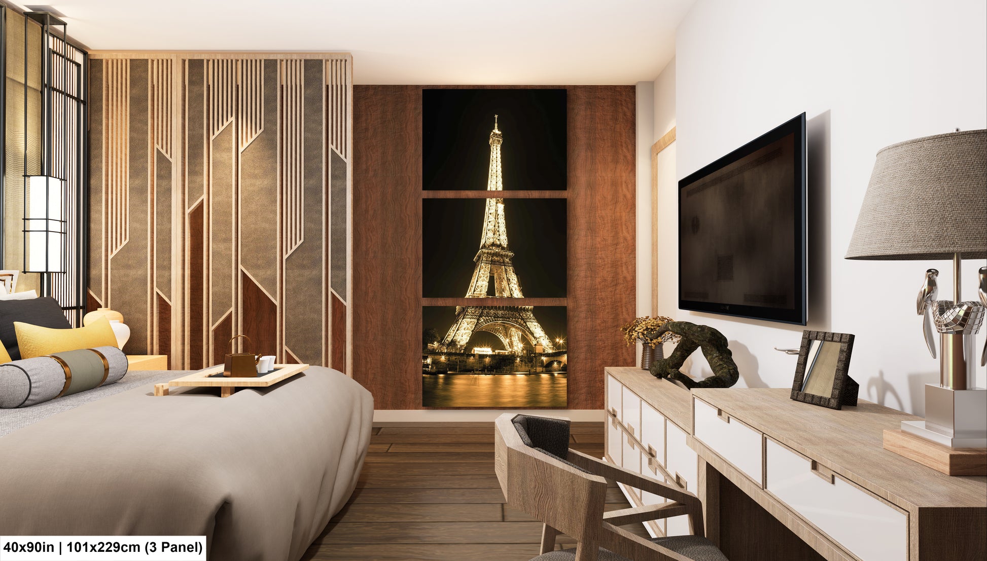 a room with a bed, desk, television and a window with the eiff