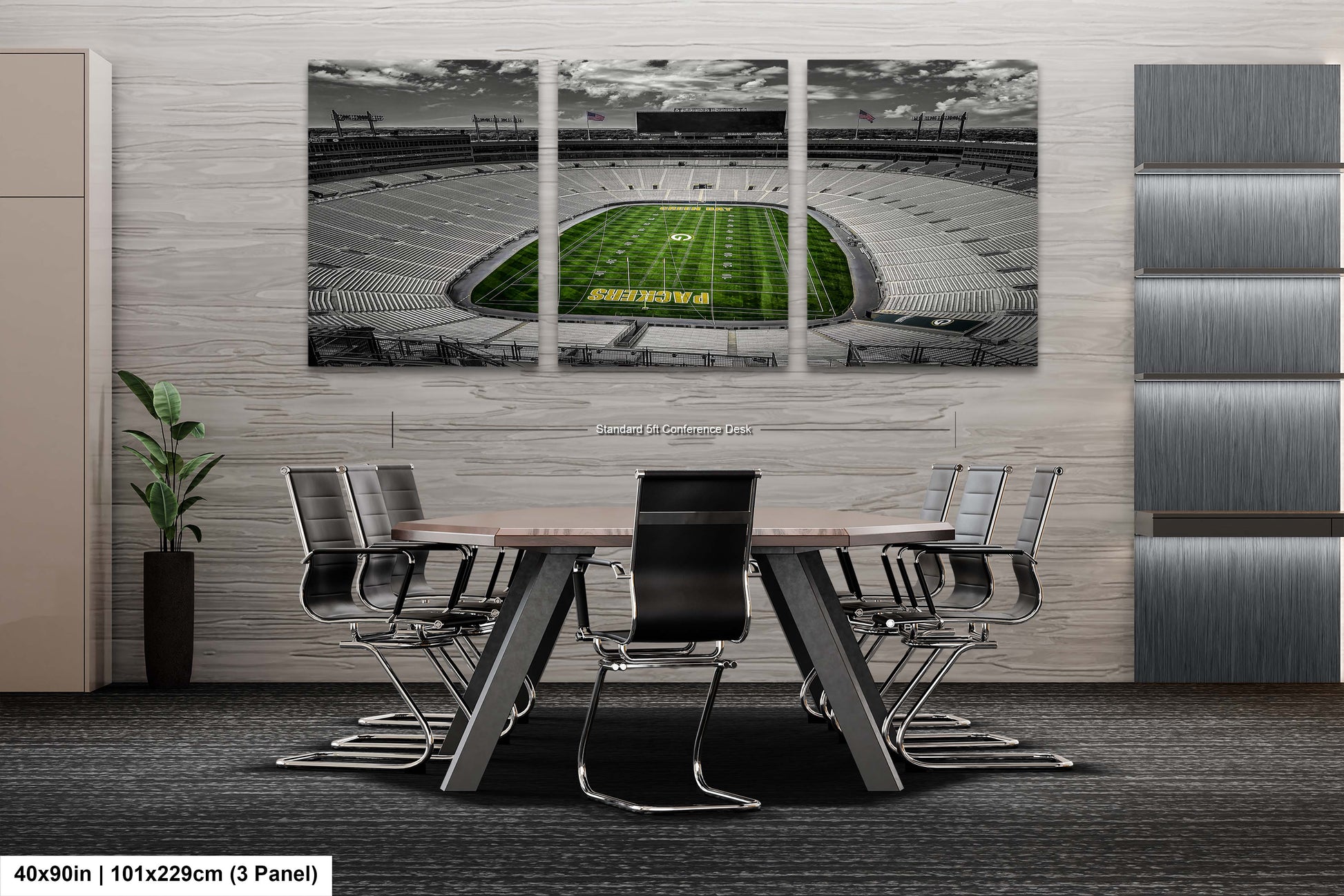 a dining room table with chairs and a wall mounted picture of a football stadium