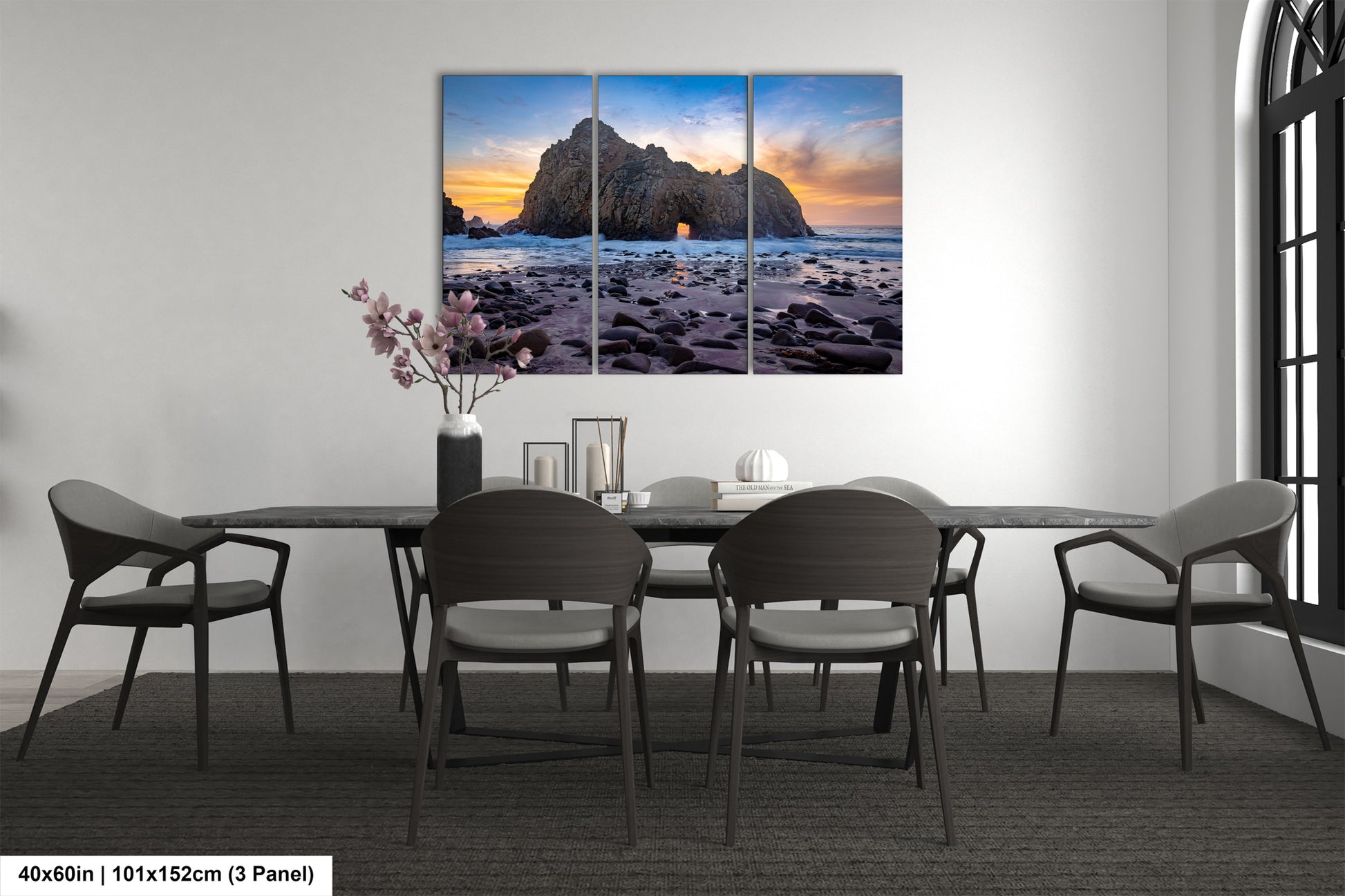 a dining room with a table and chairs
