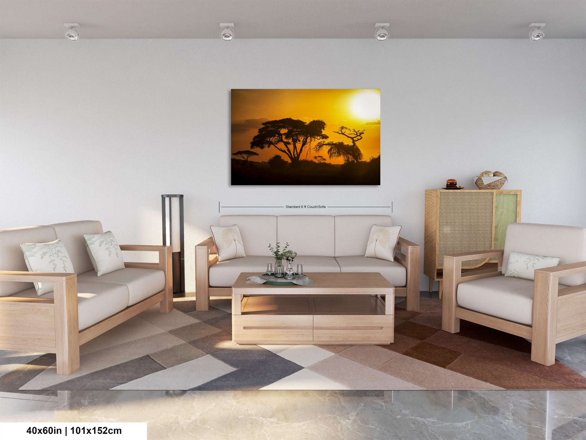 a living room filled with furniture and a painting on the wall
