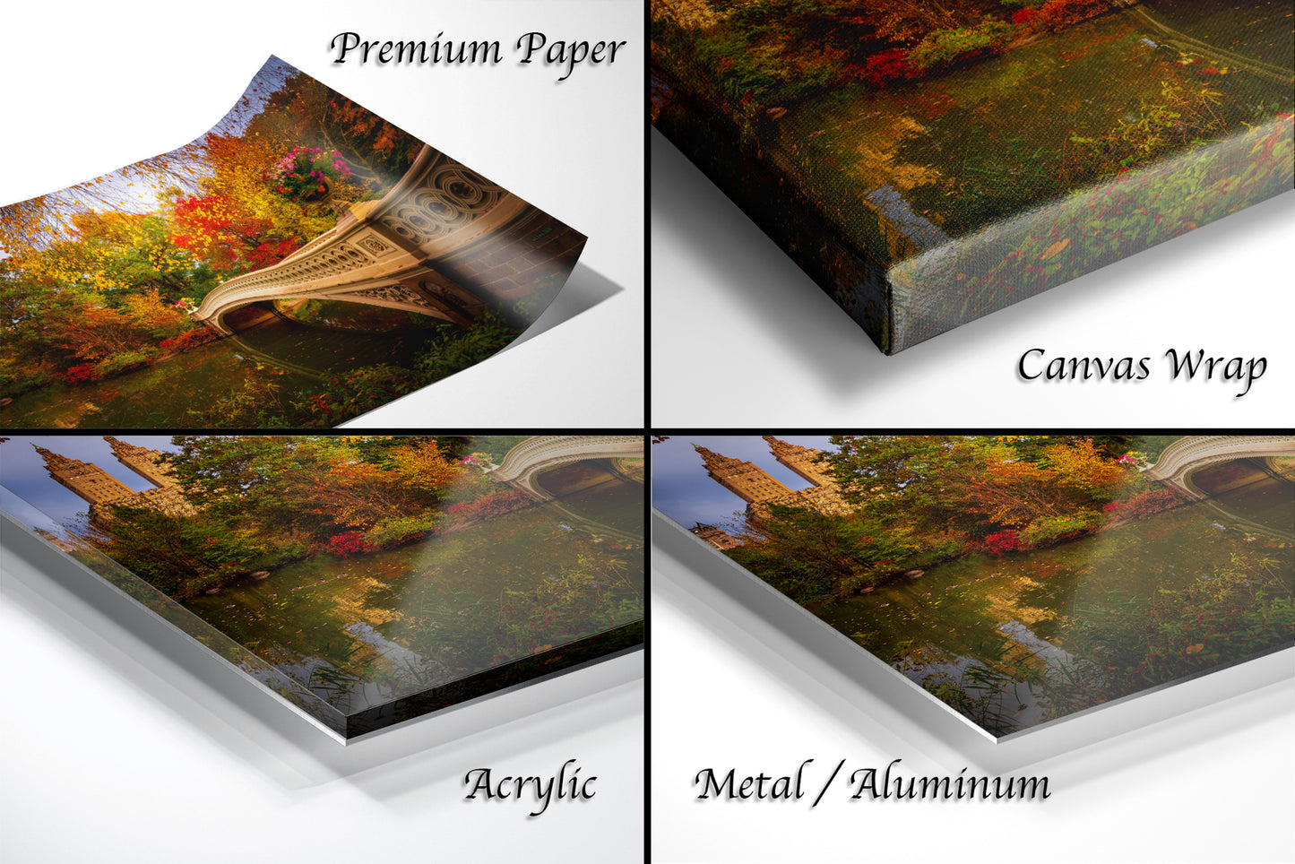 The image is a collage of four photos depicting different types of materials used for printing or framing artwork, including premium paper, canvas wrap, acrylic, and metal/aluminum.
