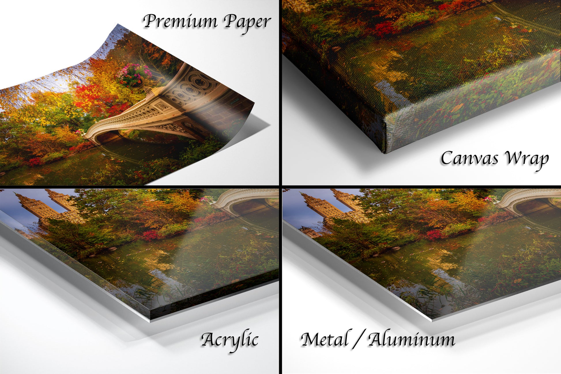 The image is a collage of four photos depicting different types of materials used for printing or framing artwork, including premium paper, canvas wrap, acrylic, and metal/aluminum.