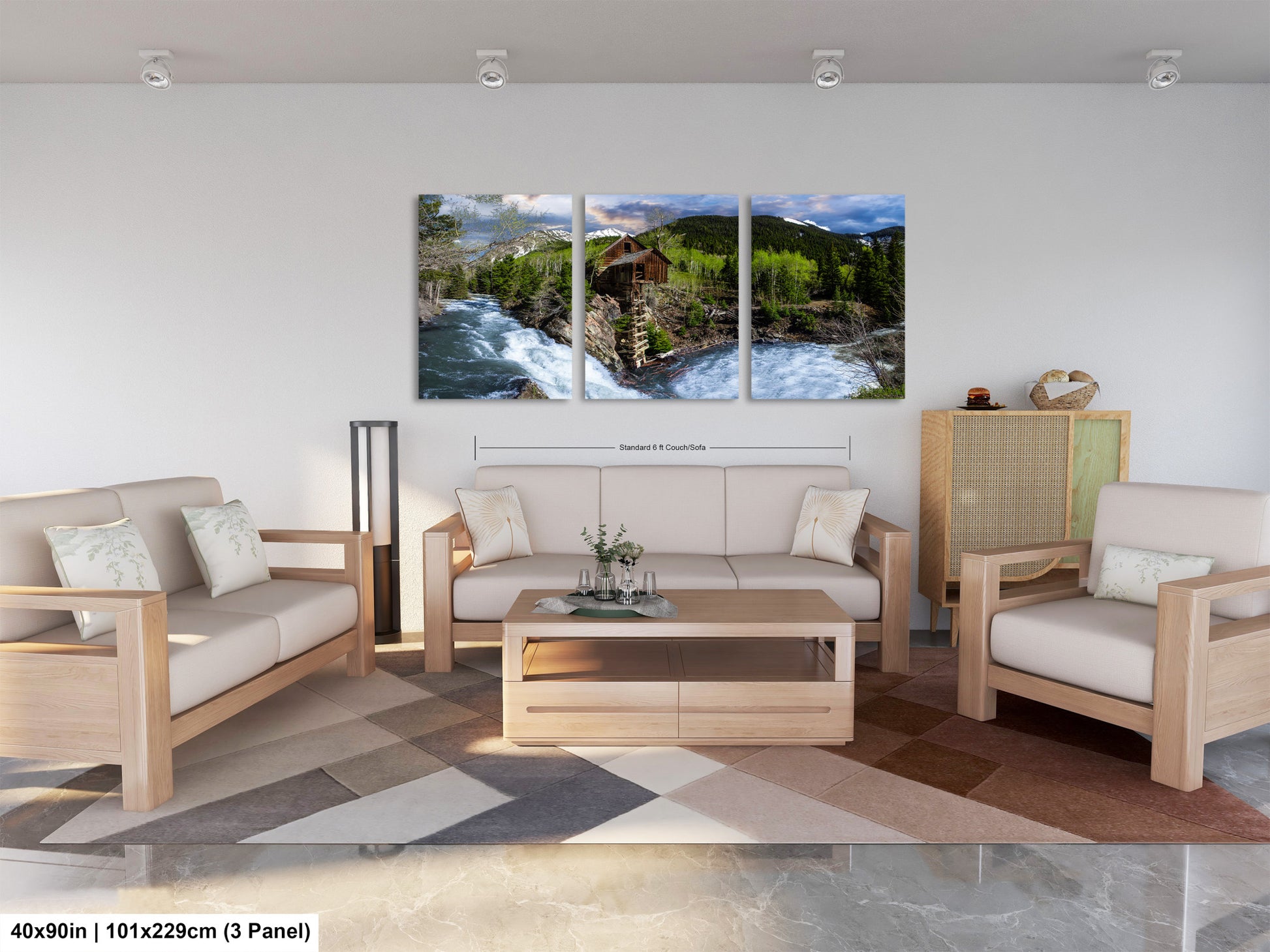 a living room filled with furniture and a painting on the wall
