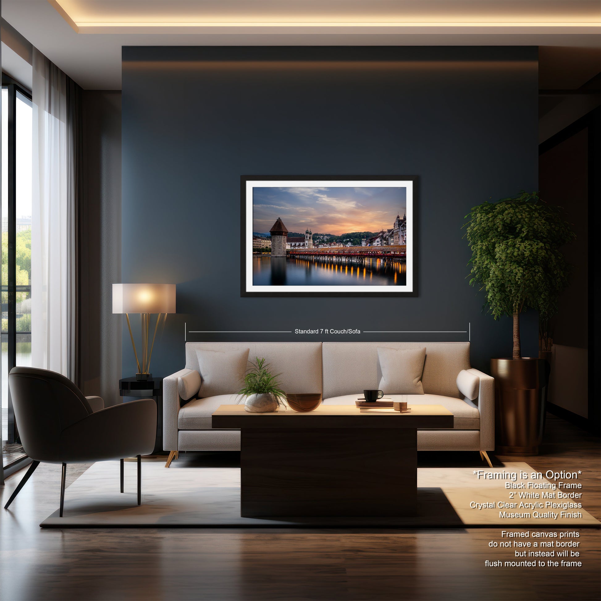 a living room with a couch a table and a painting on the wall