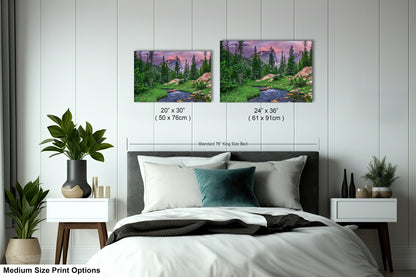 a bed room with a neatly made bed and two pictures on the wall