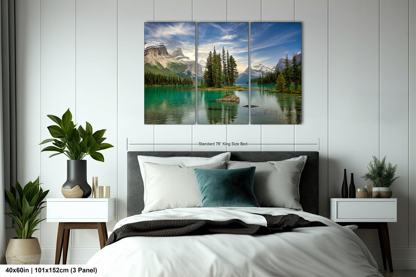 a bedroom scene with a bed and a painting on the wall