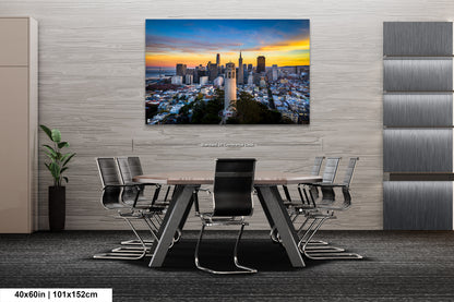 a dining room table with a view of a city