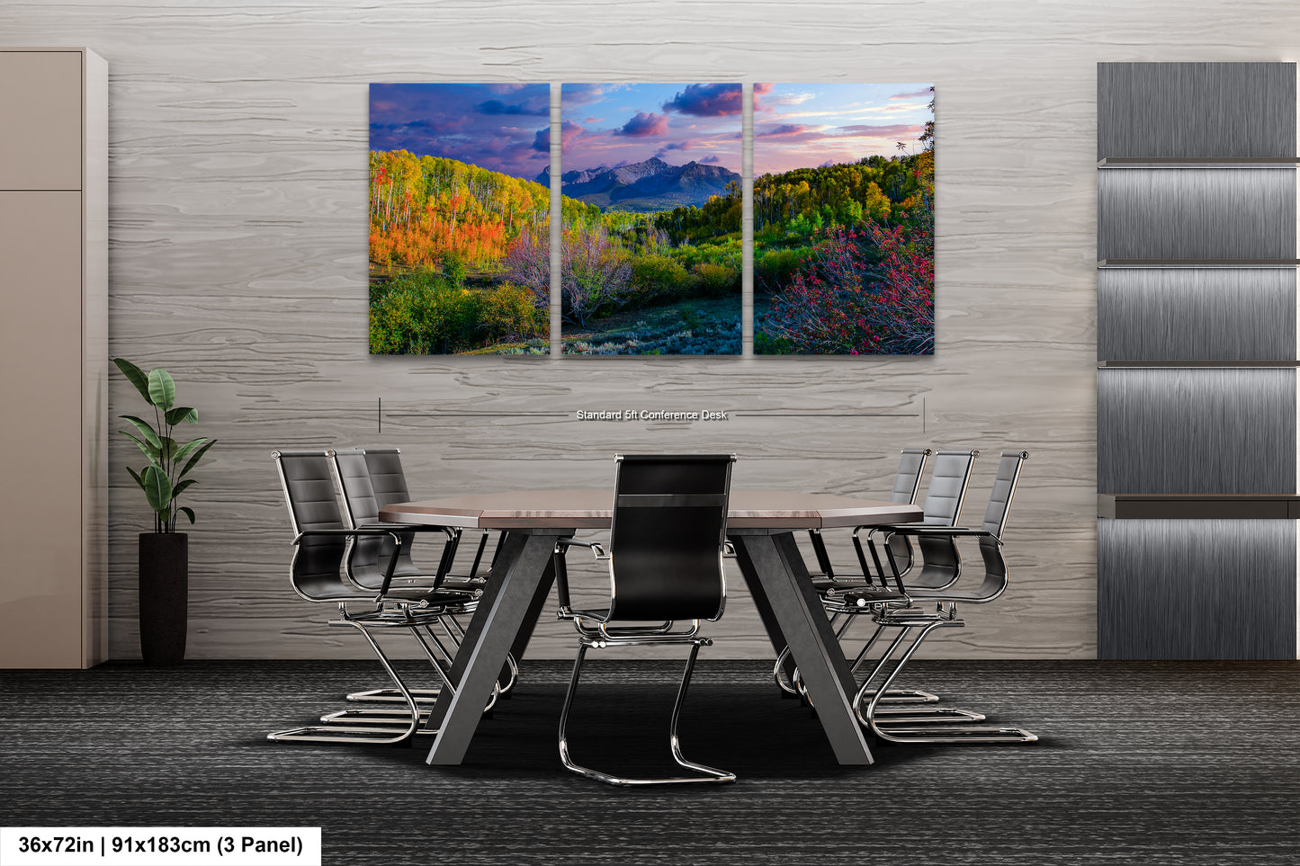 a dining room table with chairs and a painting on the wall