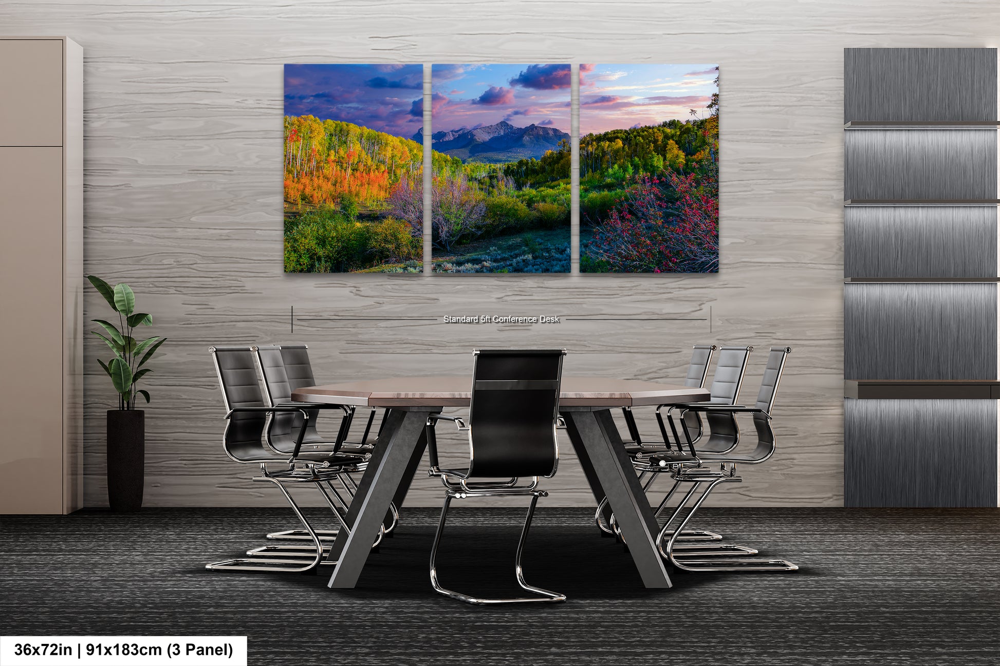 a dining room table with chairs and a painting on the wall