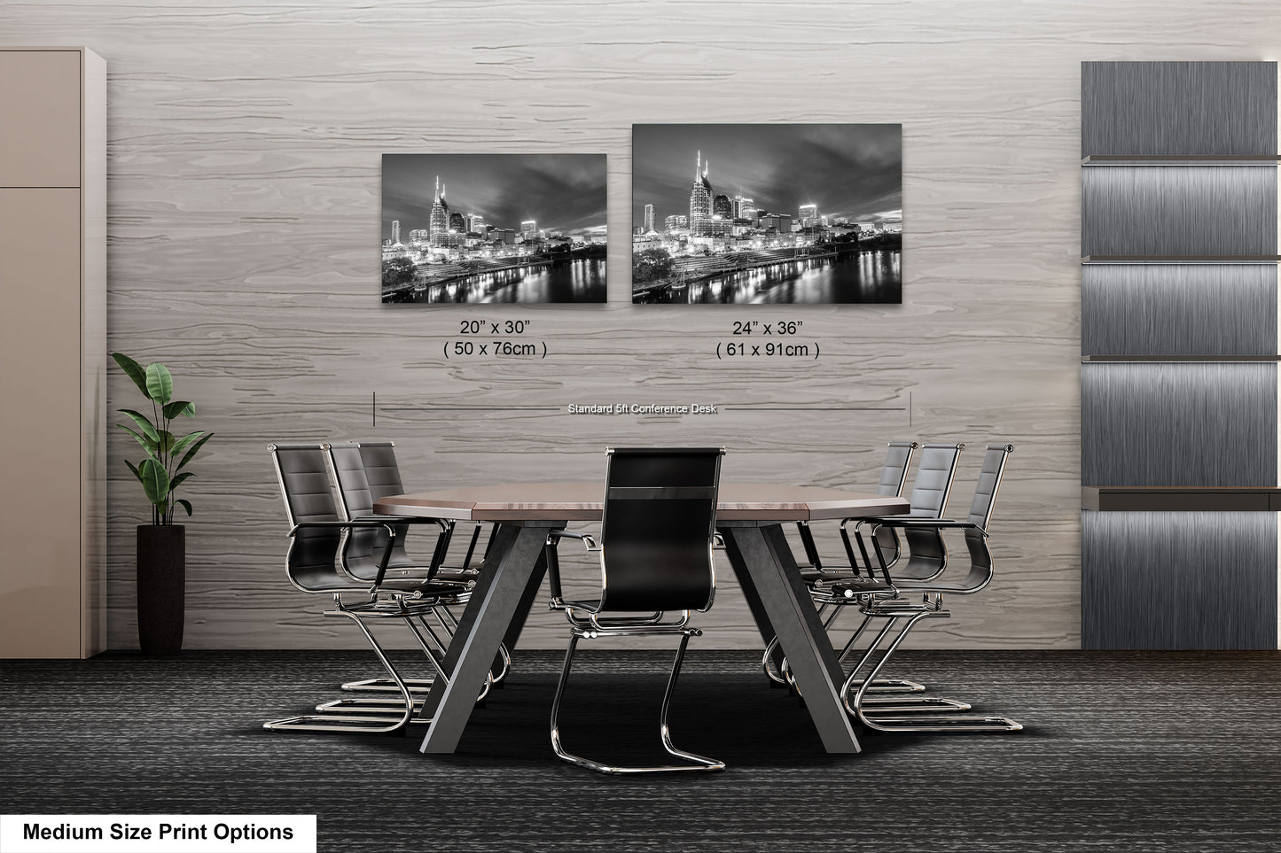 a dining room table with chairs and a picture of a city