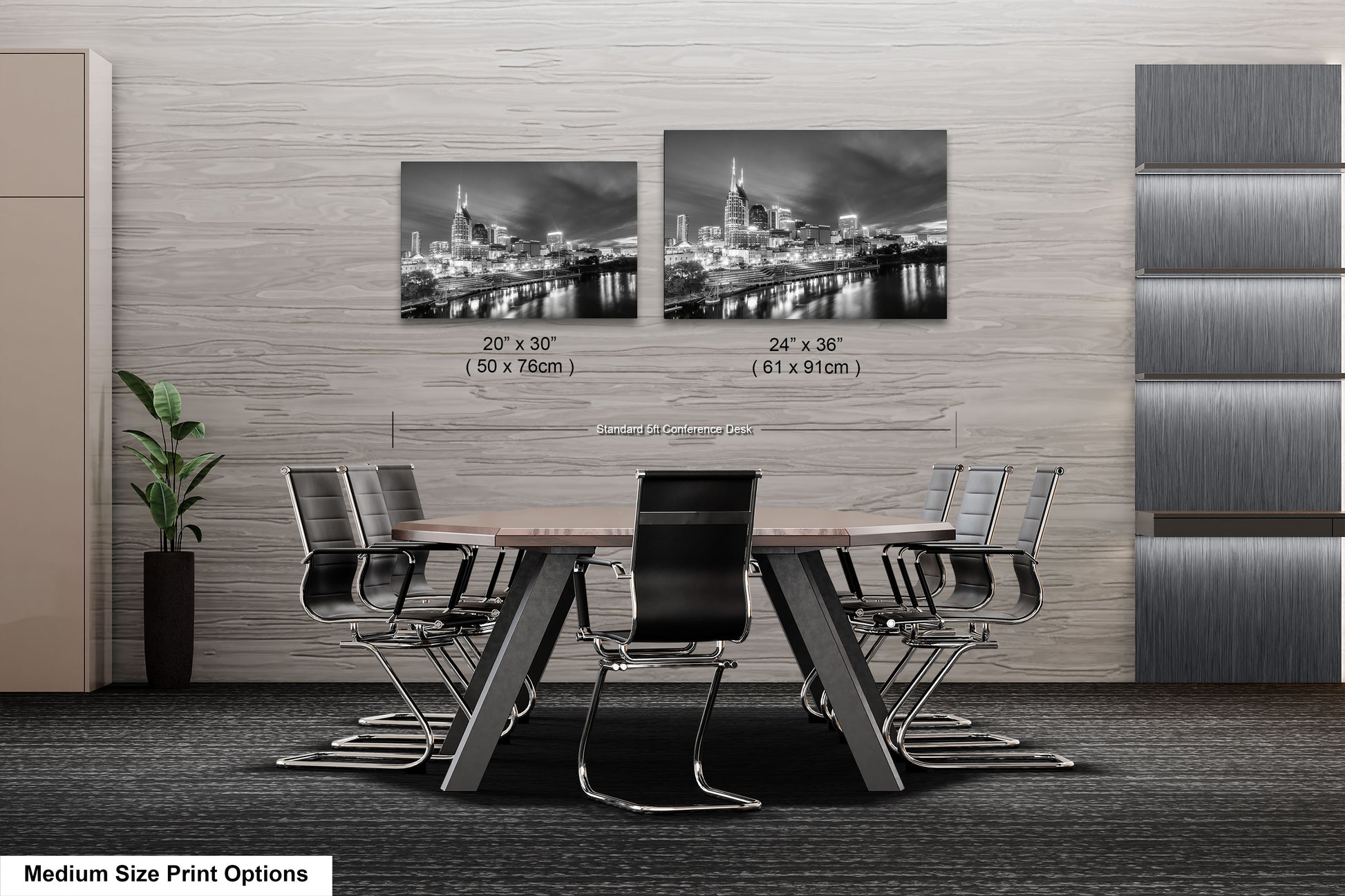 a dining room table with chairs and a picture of a city