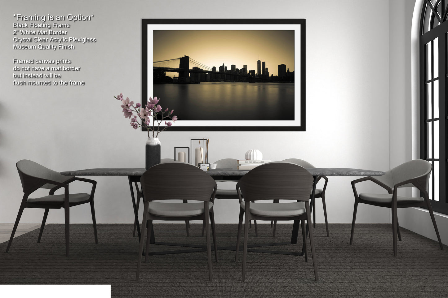 a dining room with a picture hanging above the table