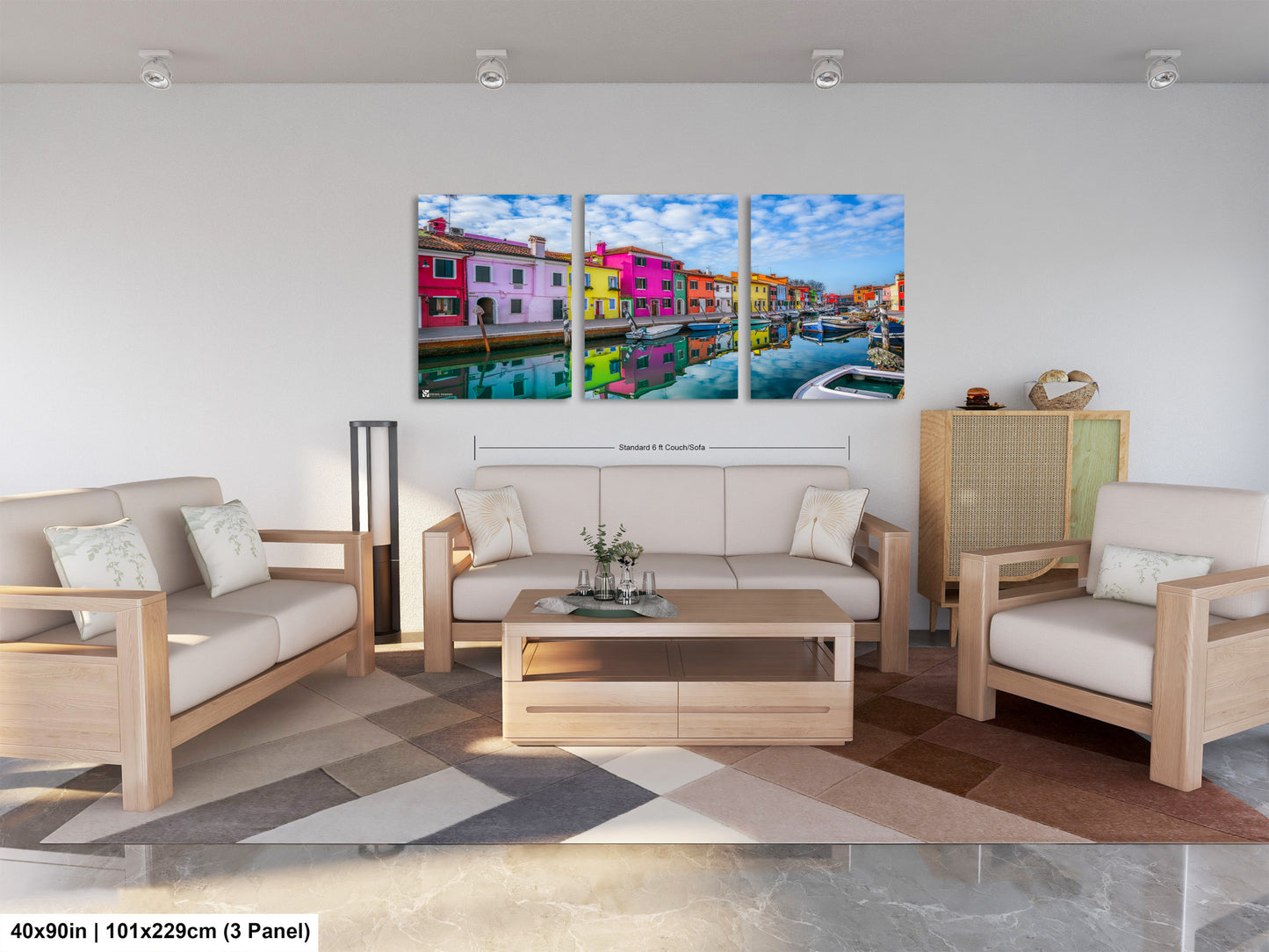 a living room filled with furniture and a painting on the wall