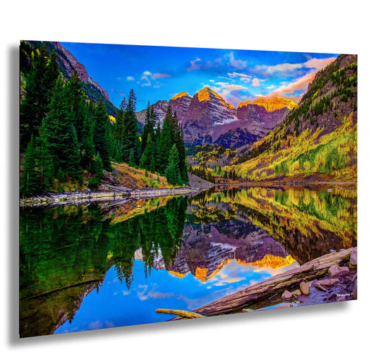 a painting of a mountain lake surrounded by trees