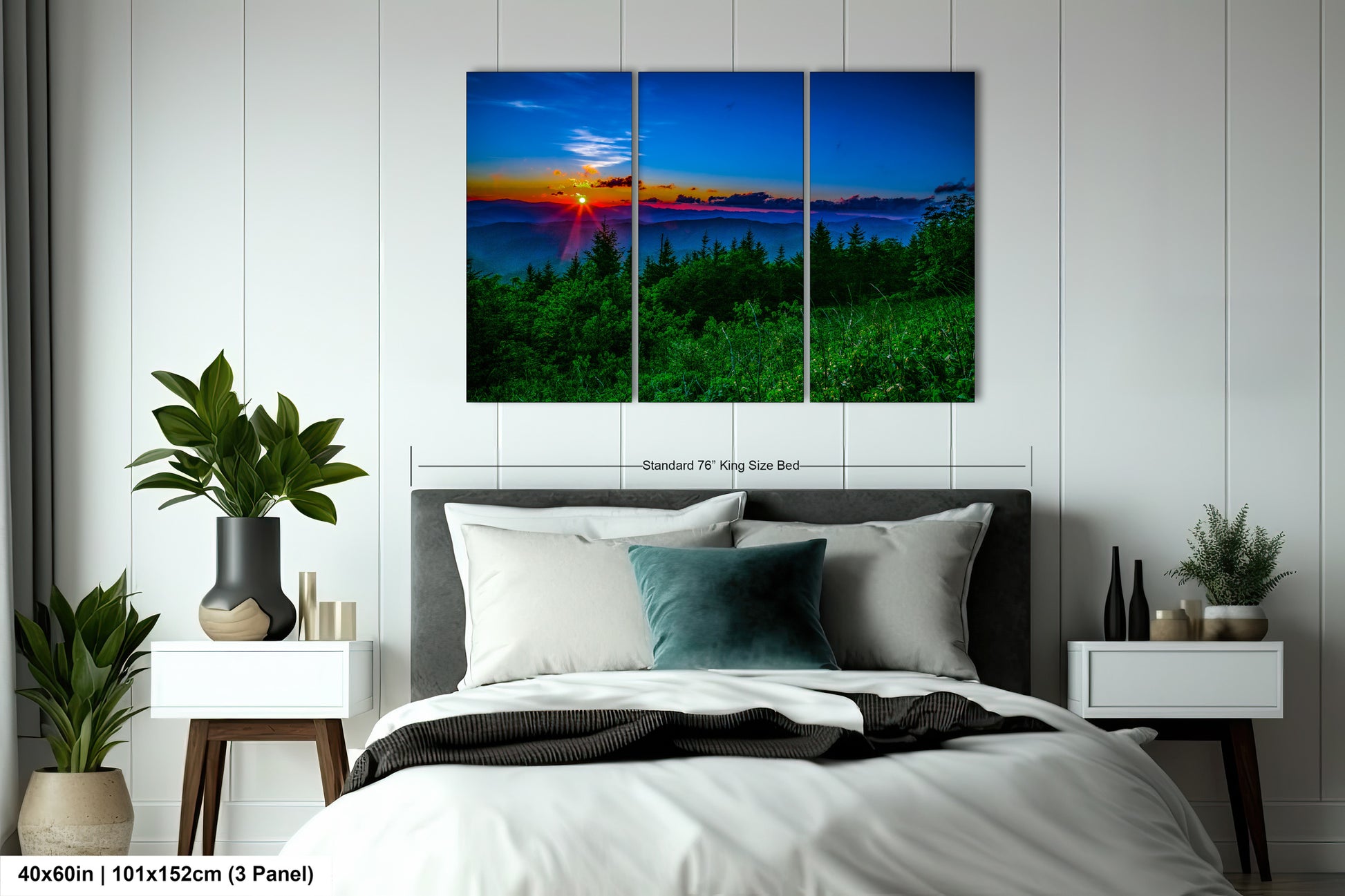 a bedroom scene with a bed and a painting on the wall