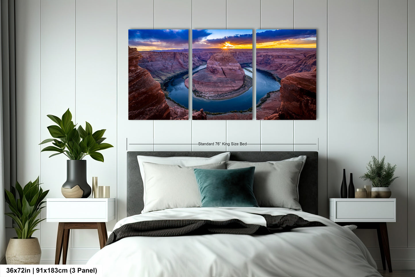 a bed room with a neatly made bed and two paintings on the wall