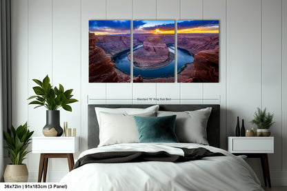 a bed room with a neatly made bed and two paintings on the wall