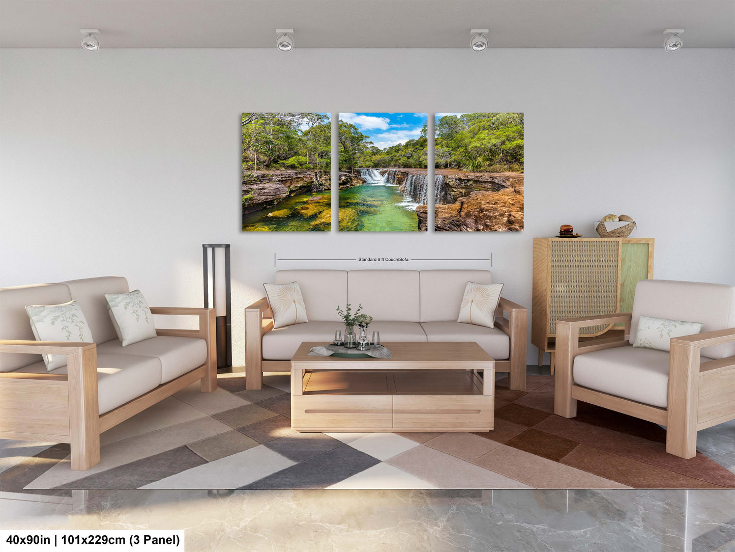 a living room filled with furniture and a painting on the wall