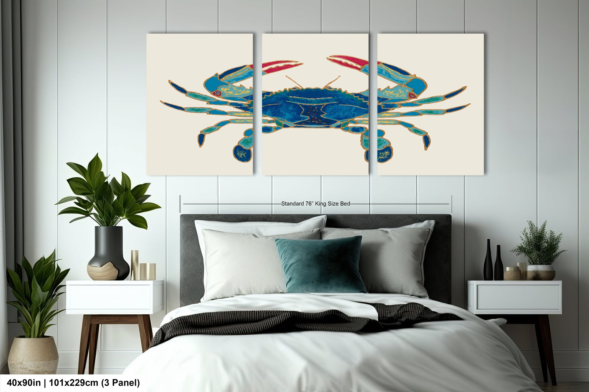 a bed room with a neatly made bed and paintings on the wall