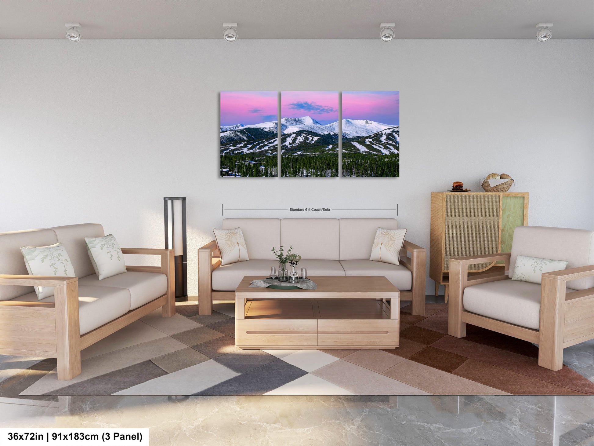 a living room filled with furniture and a painting on the wall