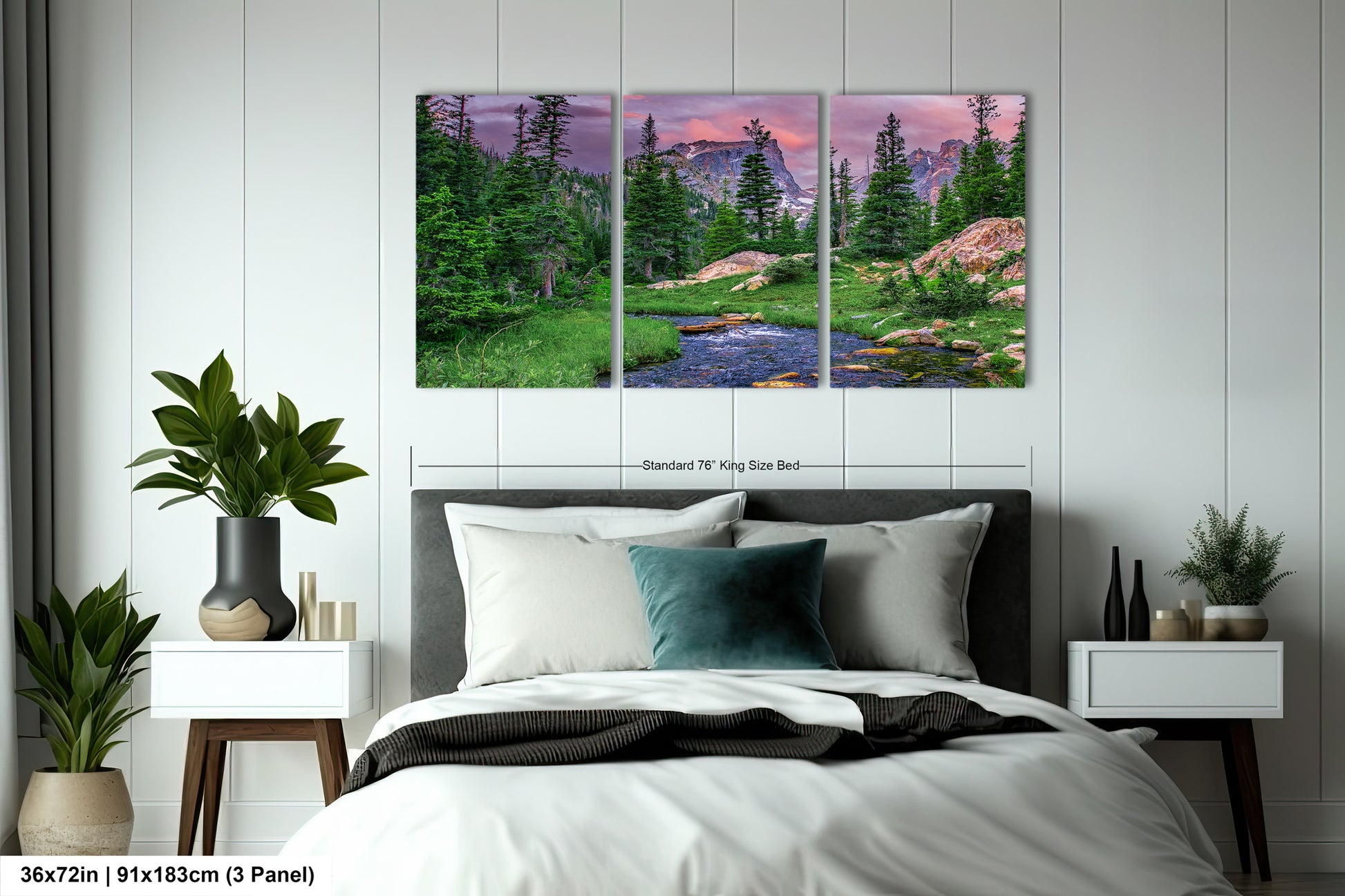 a bedroom with a bed and two paintings on the wall
