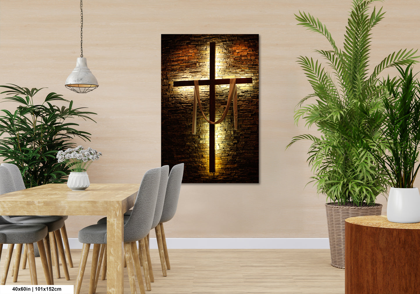 a room with a table and chairs and a cross on the wall