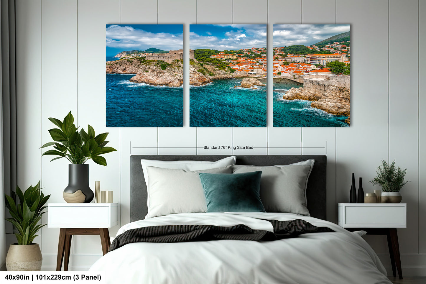a bed room with a neatly made bed and three pictures on the wall