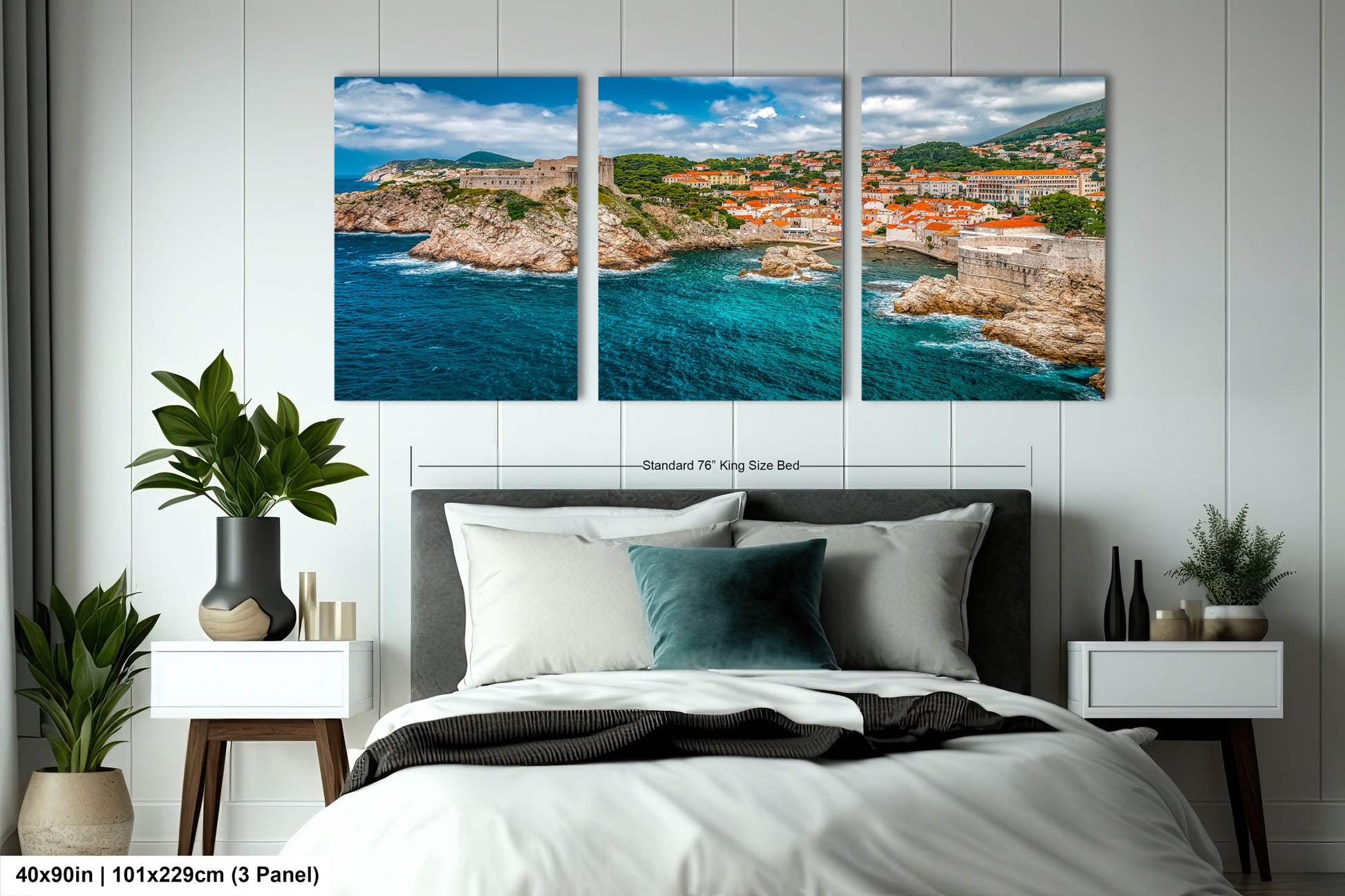 a bed room with a neatly made bed and three pictures on the wall