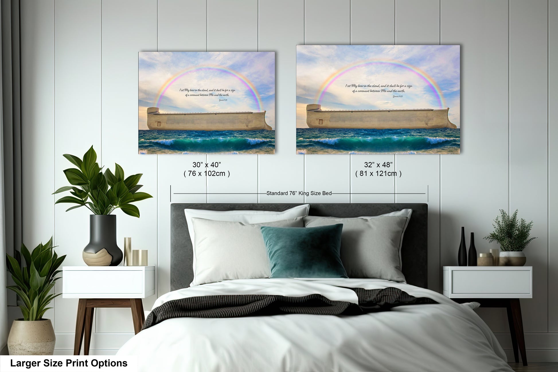 a bedroom with a bed and two pictures on the wall