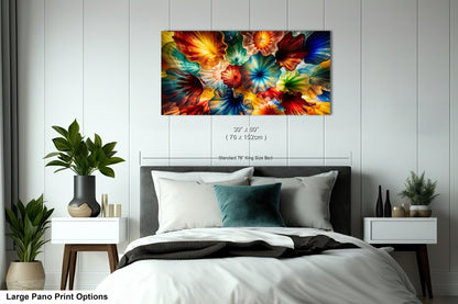 A large, colorful abstract painting hangs on the wall above a bed with white bedding and pillows.