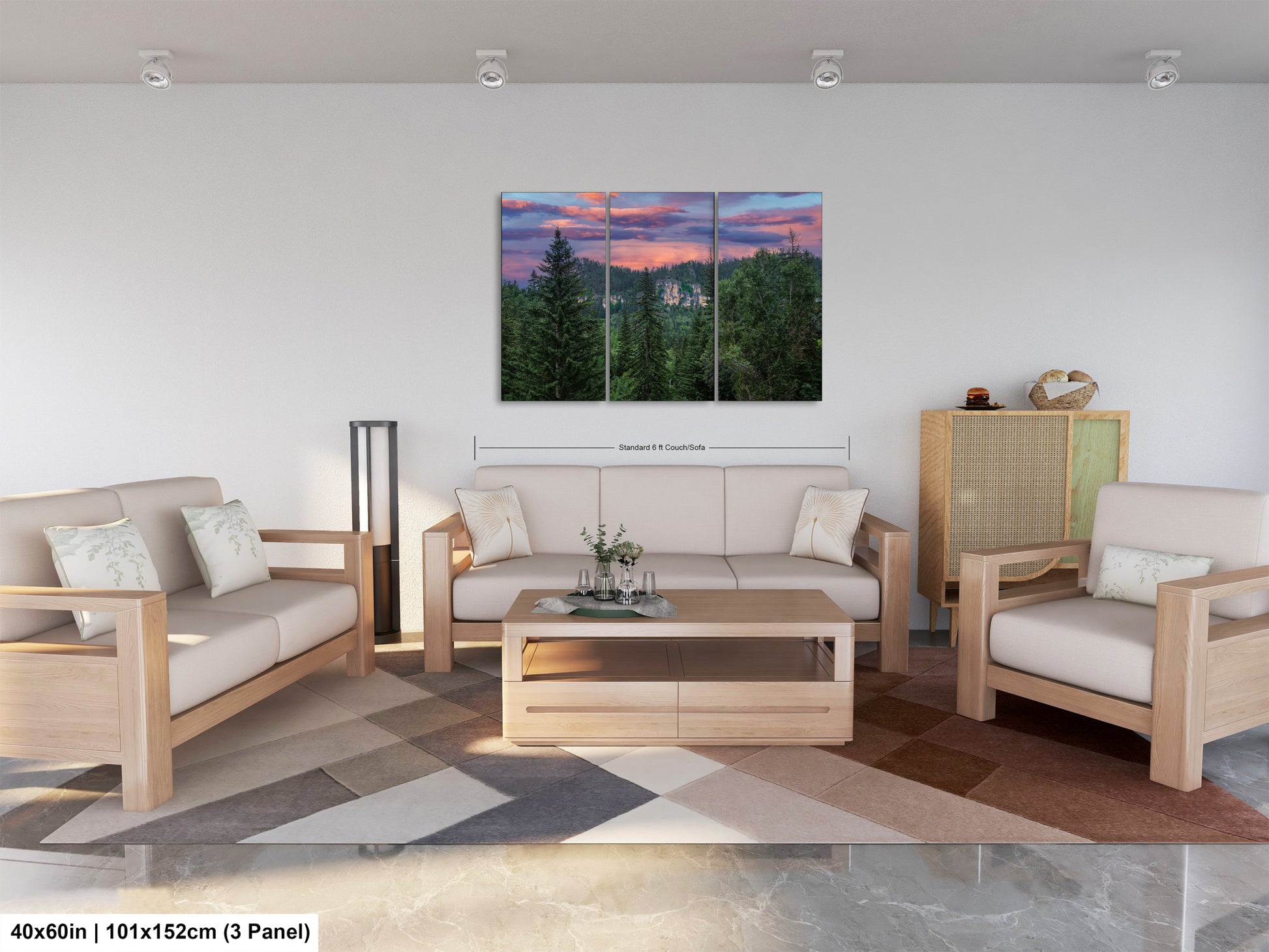 a living room filled with furniture and a painting on the wall