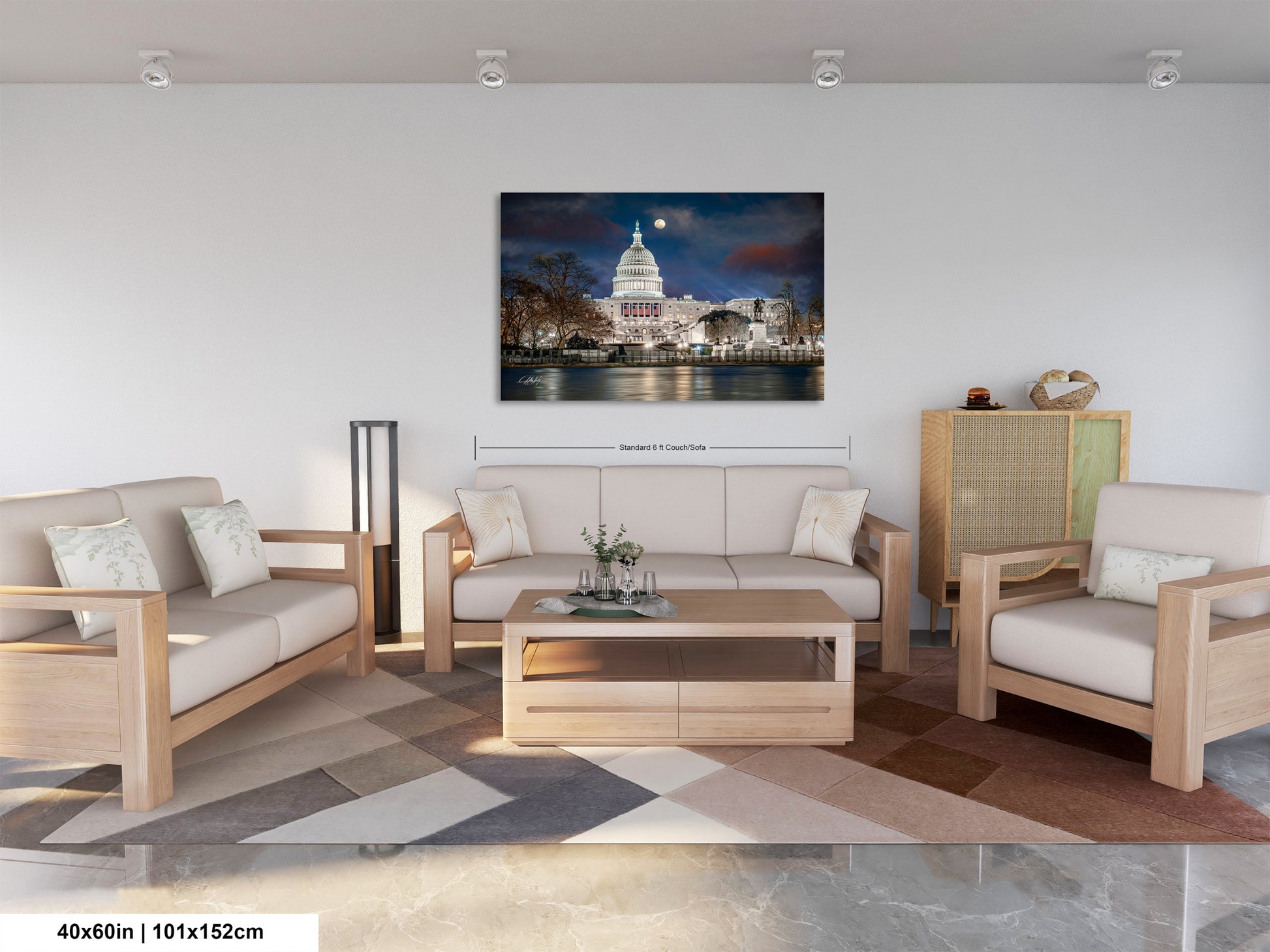 a living room filled with furniture and a painting on the wall