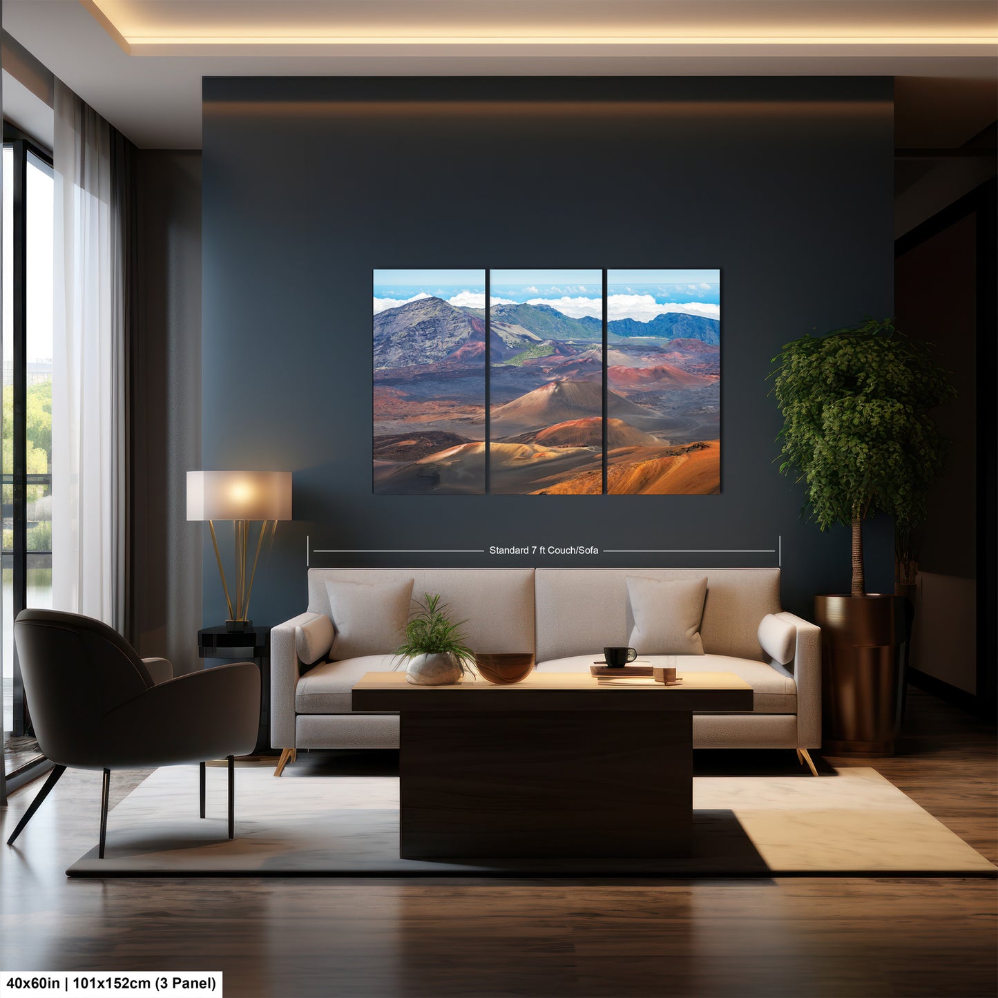 a modern living room with a large, three-panel landscape painting hanging on the wall. The painting features a mountainous, desert-like scene with a mix of orange, red, and blue colors. The room is furnished with a white sofa, a wooden coffee table, and a potted plant. The overall design and decor create a serene and inviting atmosphere.