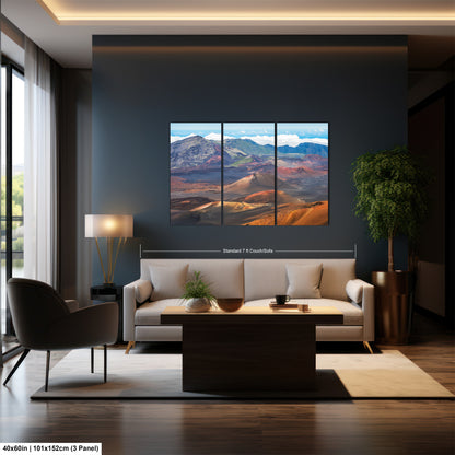 a modern living room with a large, three-panel landscape painting hanging on the wall. The painting features a mountainous, desert-like scene with a mix of orange, red, and blue colors. The room is furnished with a white sofa, a wooden coffee table, and a potted plant. The overall design and decor create a serene and inviting atmosphere.