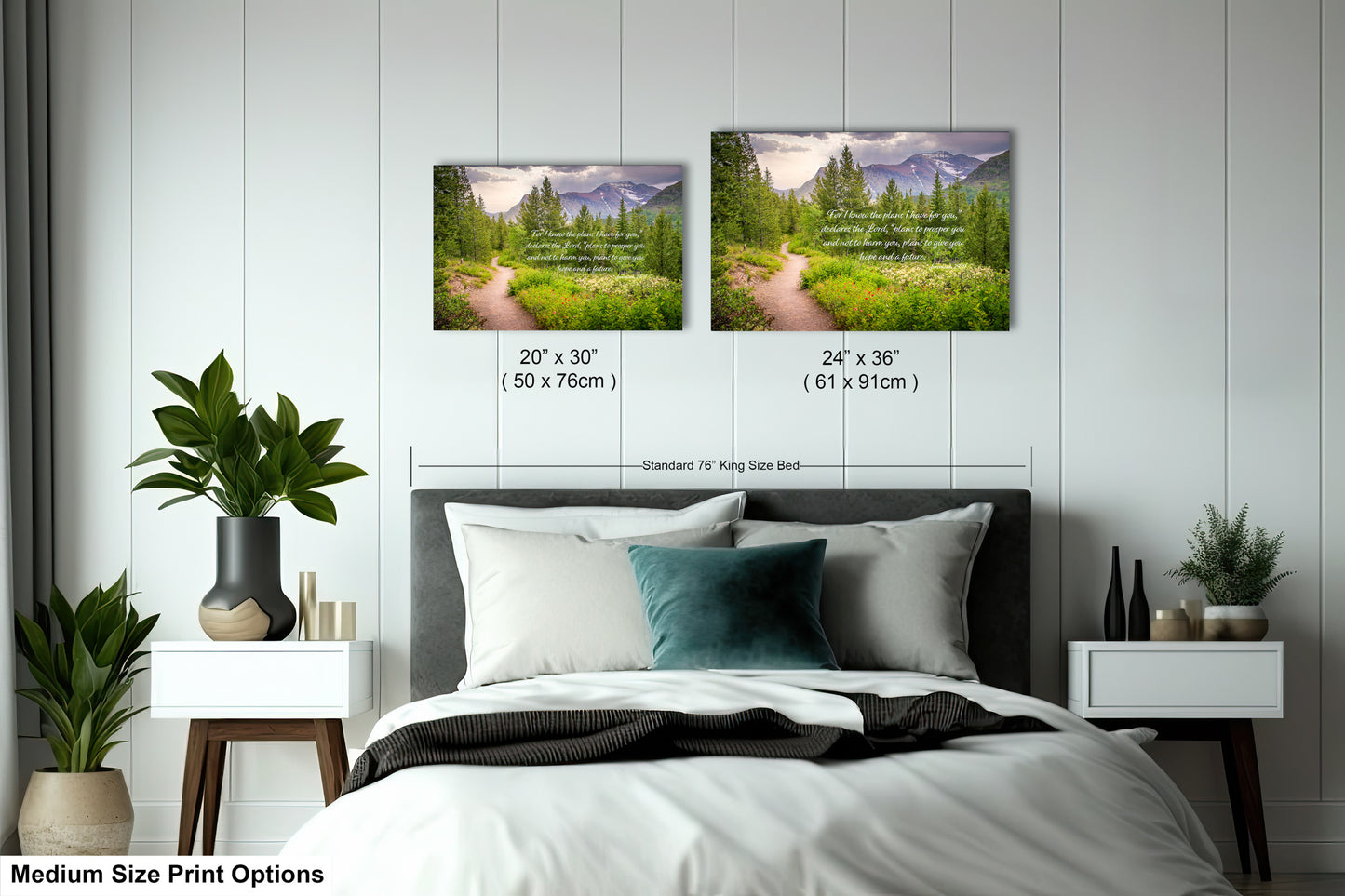 a bed room with a neatly made bed and two pictures on the wall