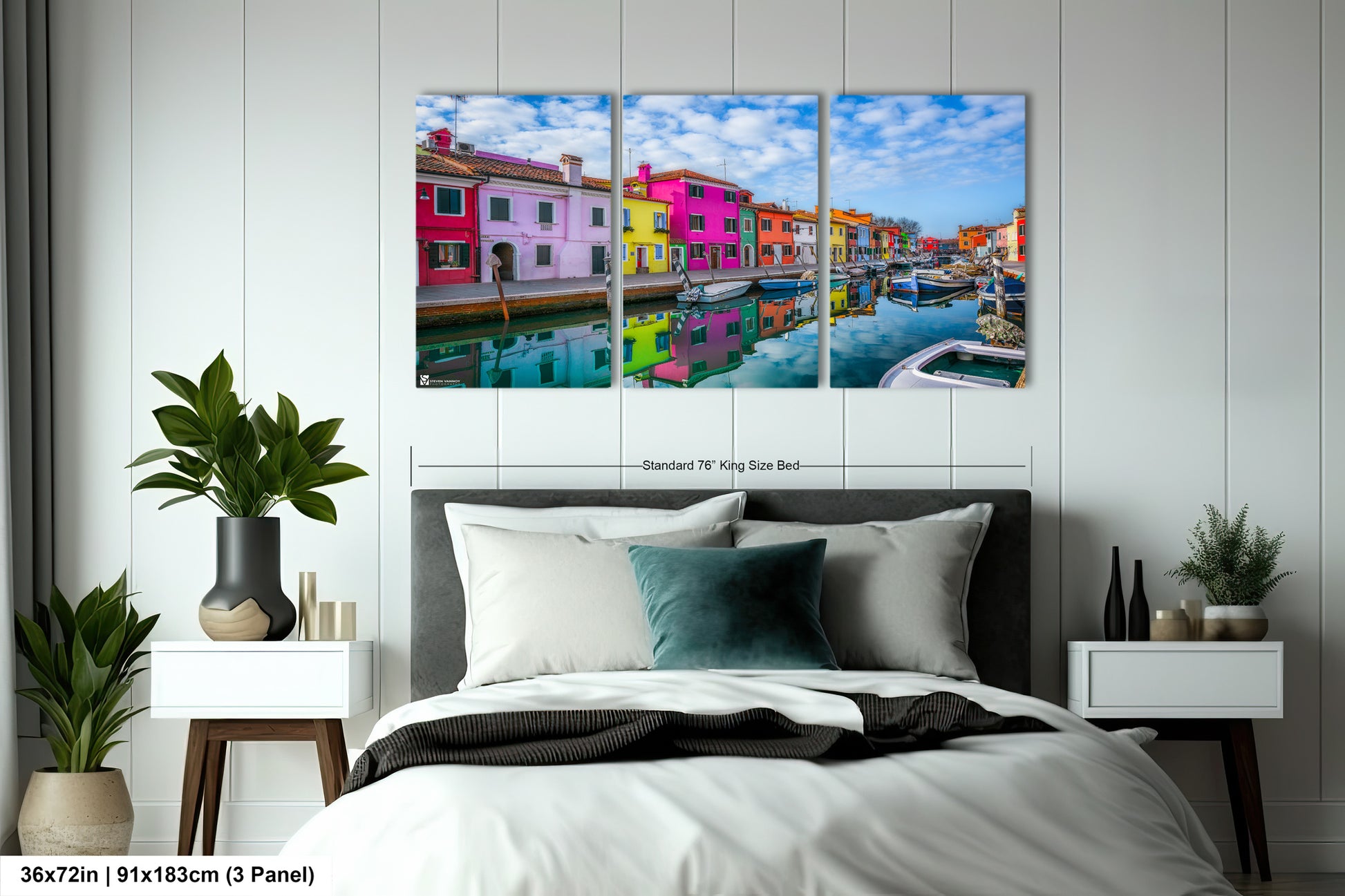a bed room with a neatly made bed and paintings on the wall