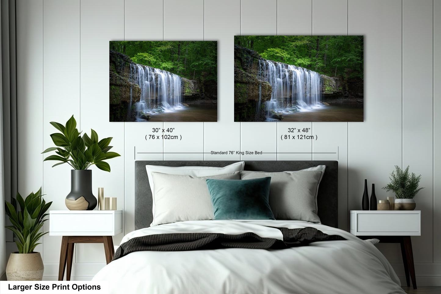 a bed with two pictures of a waterfall on the wall