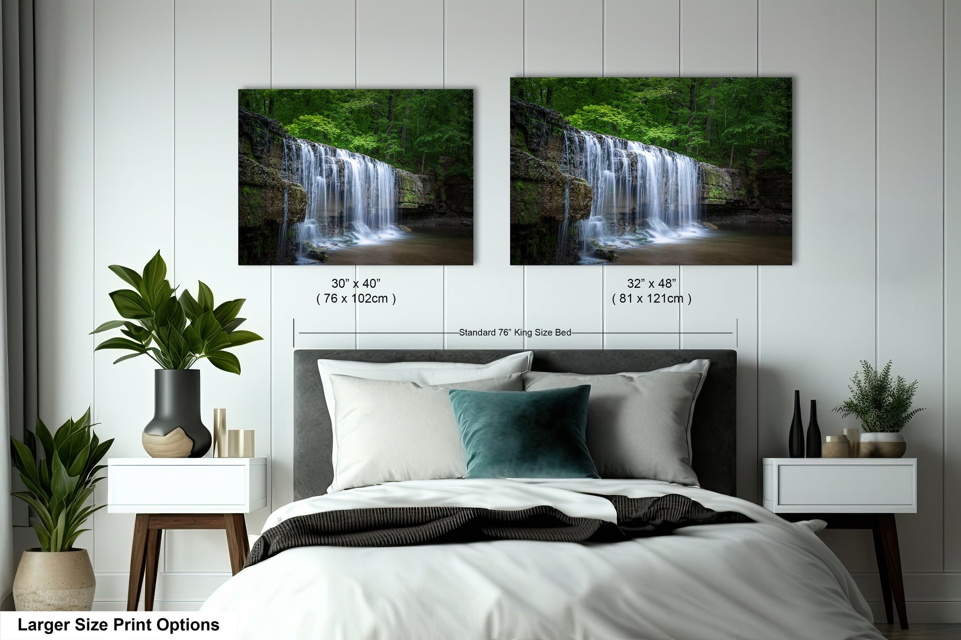a bed with two pictures of a waterfall on the wall